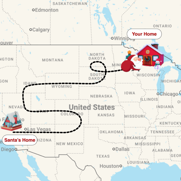map showing Santa's route